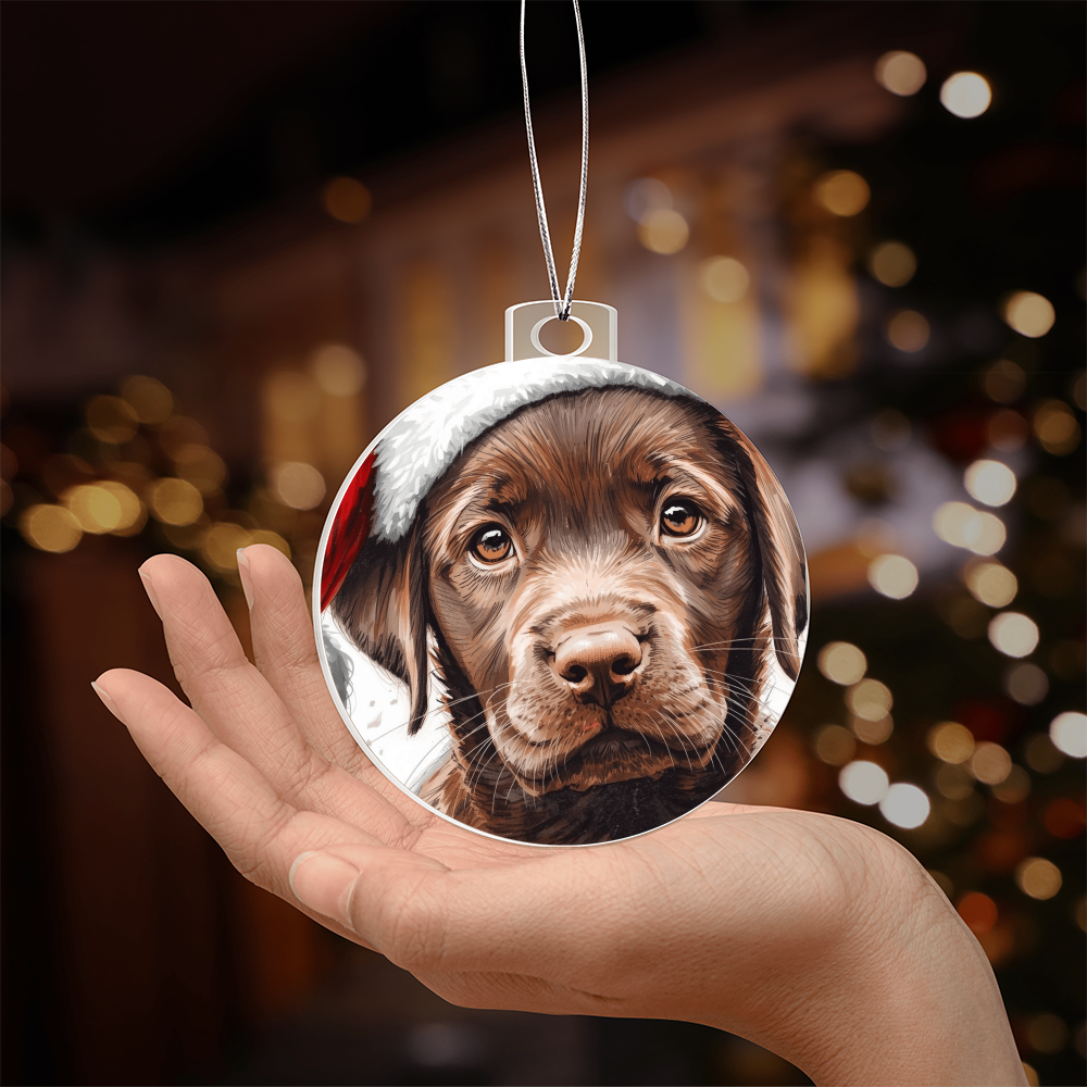 Chocolate Labrador retriever puppy ready for Santa, cuteness overload, Keepsake Ornament gift
