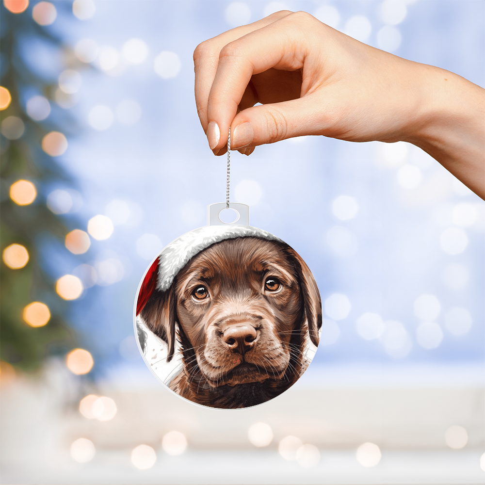 Chocolate Labrador retriever puppy ready for Santa, cuteness overload, Keepsake Ornament gift