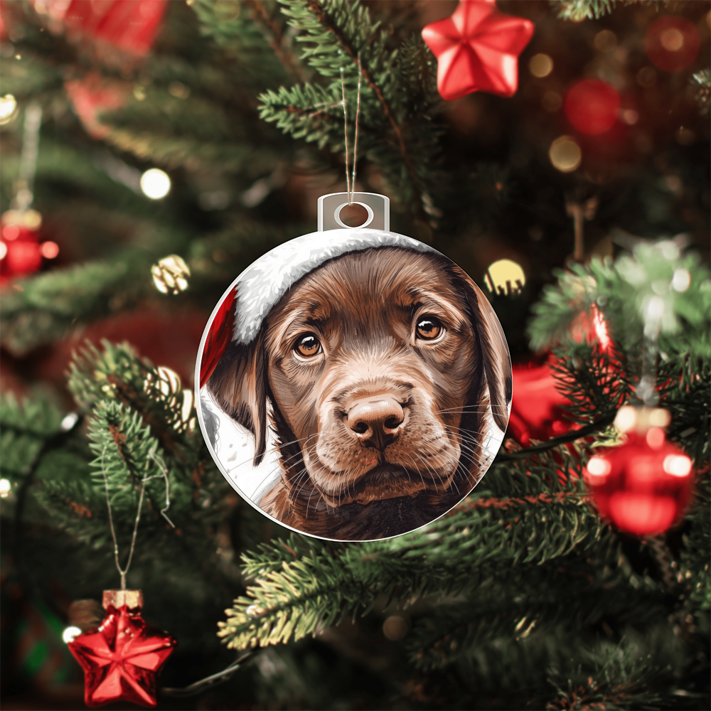 Chocolate Labrador retriever puppy ready for Santa, cuteness overload, Keepsake Ornament gift
