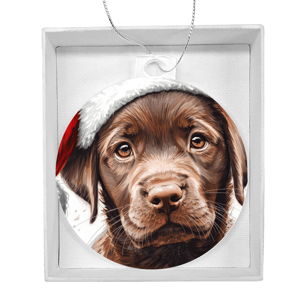 Chocolate Labrador retriever puppy ready for Santa, cuteness overload, Keepsake Ornament gift