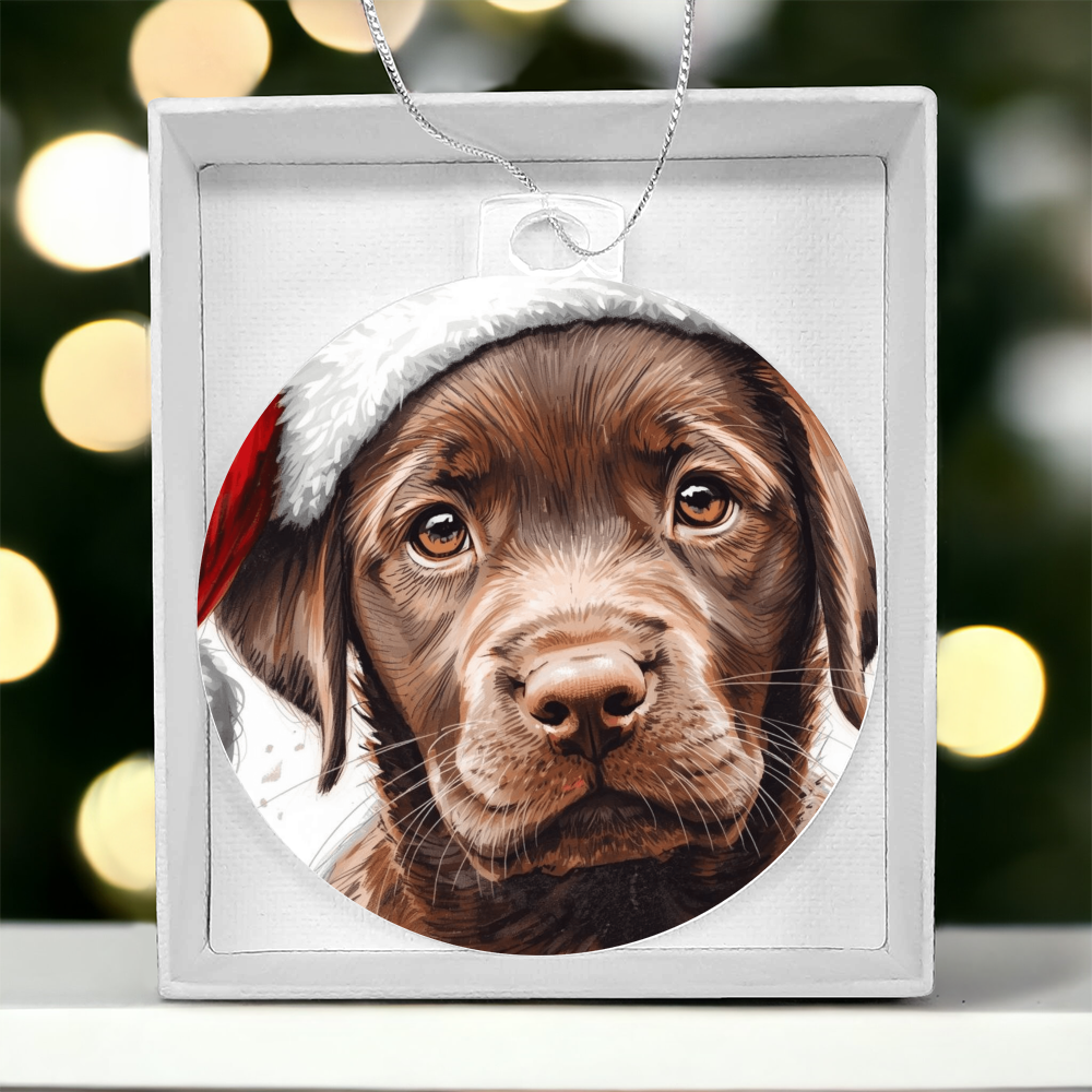 Chocolate Labrador retriever puppy ready for Santa, cuteness overload, Keepsake Ornament gift