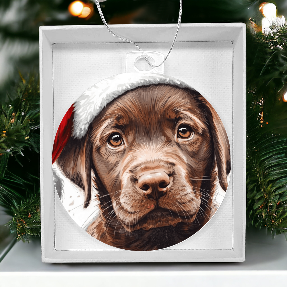 Chocolate Labrador retriever puppy ready for Santa, cuteness overload, Keepsake Ornament gift