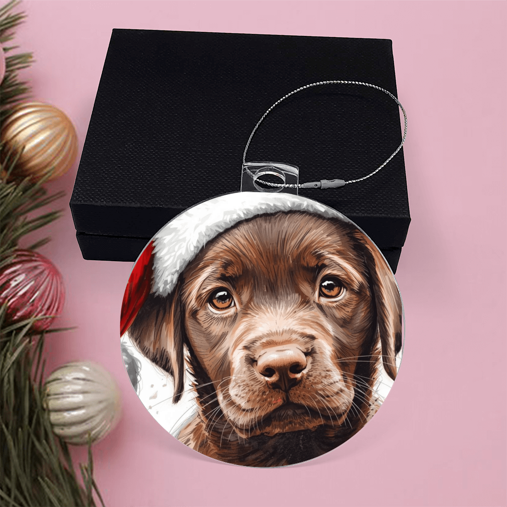 Chocolate Labrador retriever puppy ready for Santa, cuteness overload, Keepsake Ornament gift
