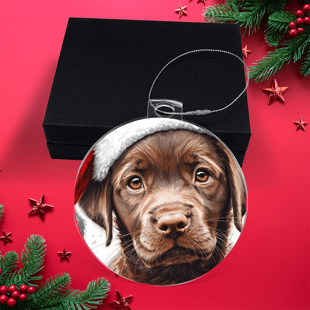 Chocolate Labrador retriever puppy ready for Santa, cuteness overload, Keepsake Ornament gift