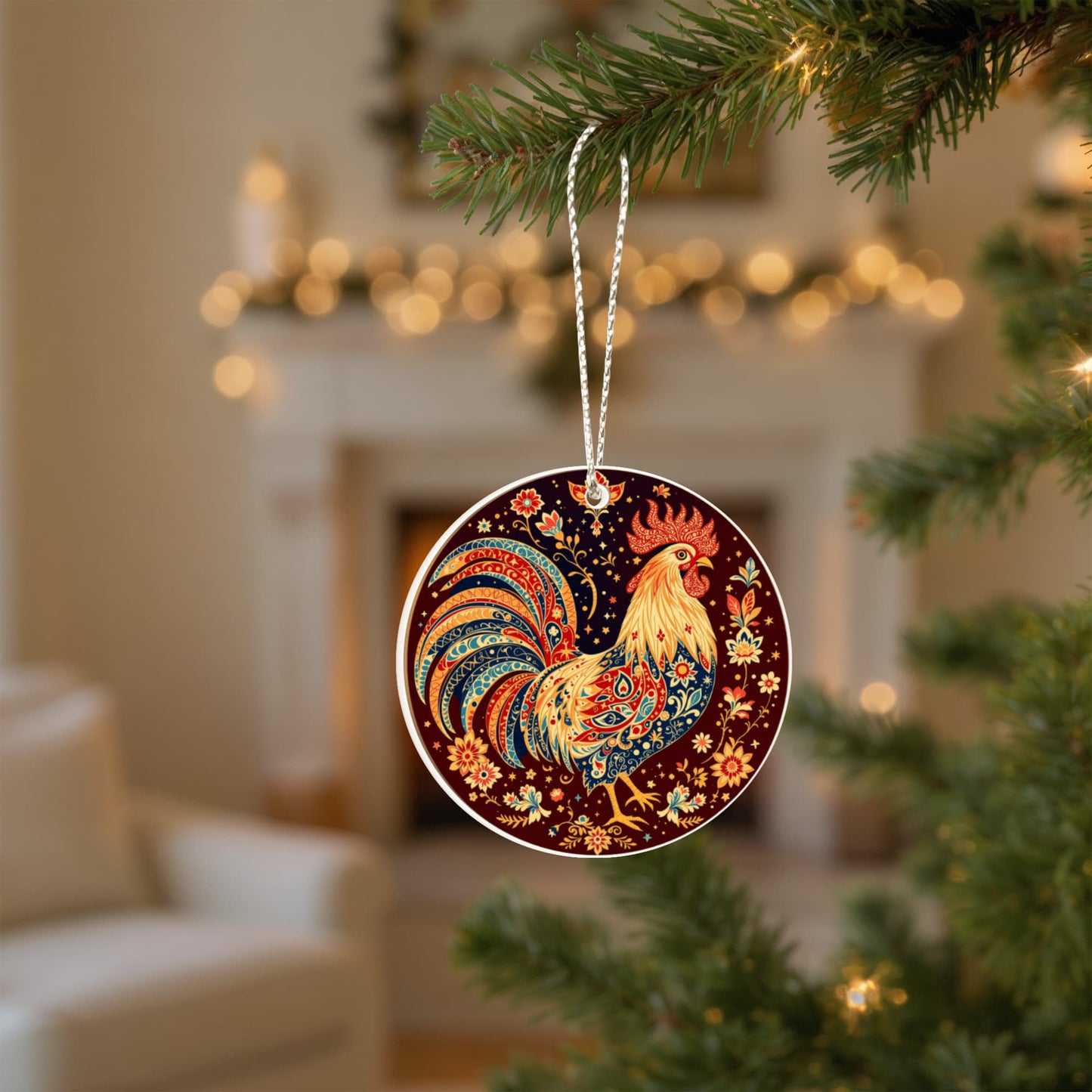 Christmas Chicken, Love of Roosters, Acrylic Circle Ornament,