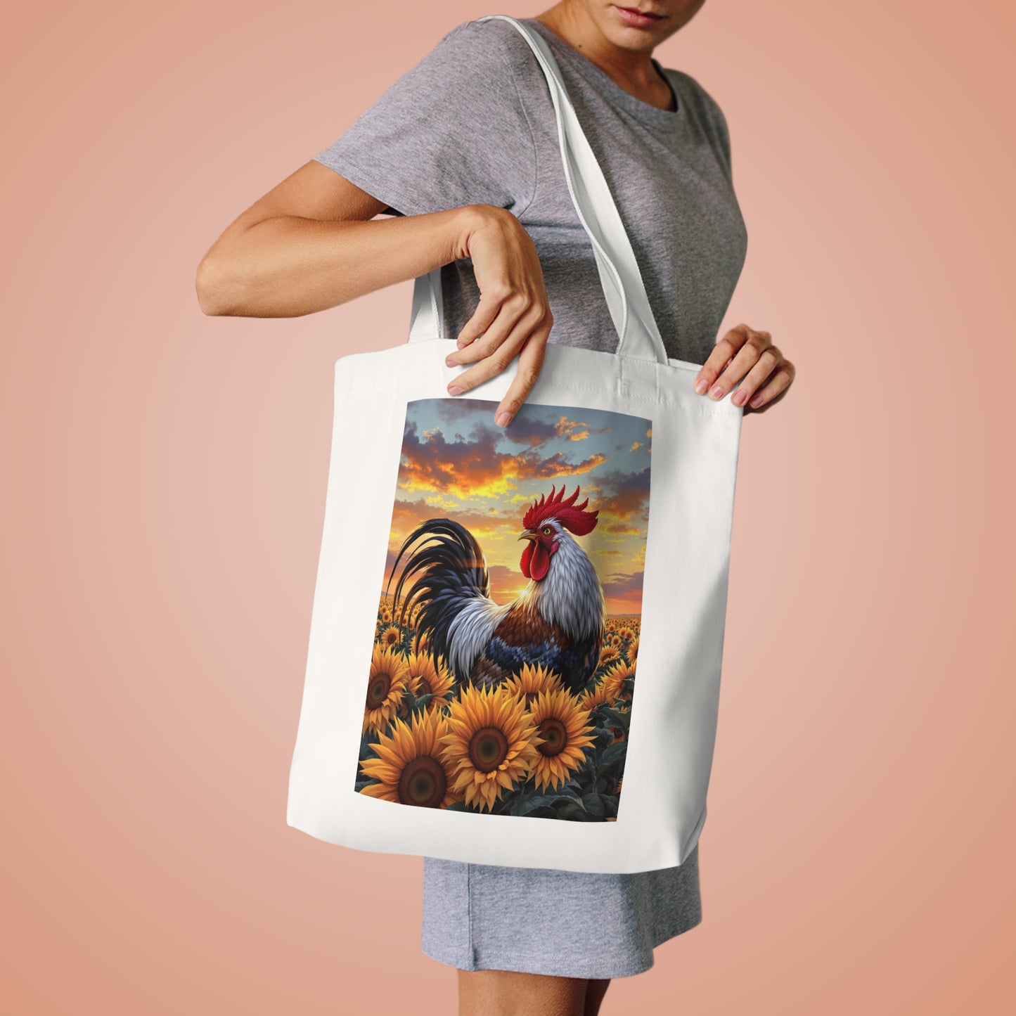 Sunflower Rooster Cotton Tote Bag - Eco-Friendly Bag, Reusable Shopping Tote, Farmhouse Decor everything bag, Chicken Lovers