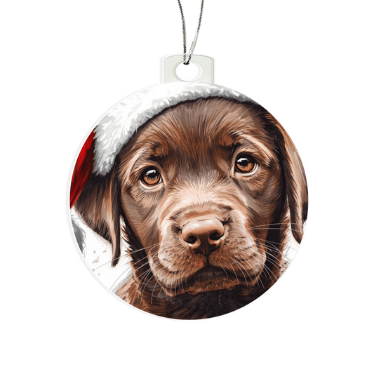 Chocolate Labrador retriever puppy ready for Santa, cuteness overload, Keepsake Ornament gift