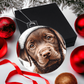 Chocolate Labrador retriever puppy ready for Santa, cuteness overload, Keepsake Ornament gift