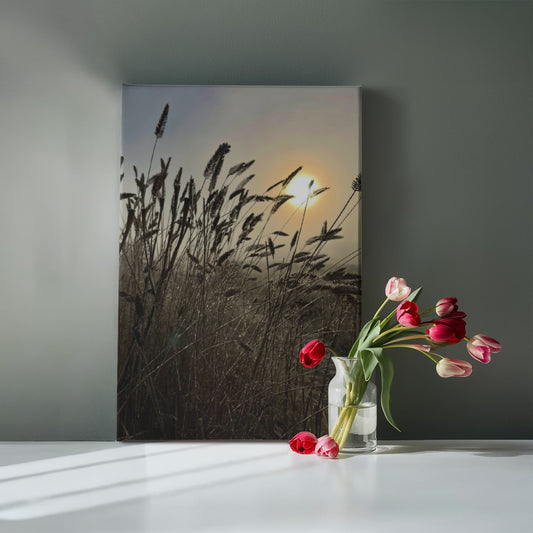 Breathe the Light, Touch the sky, grassing field Wrapped Canvas wall hanging, Poetic Boho style saying, Beautiful Sunrise, Country Outdoors