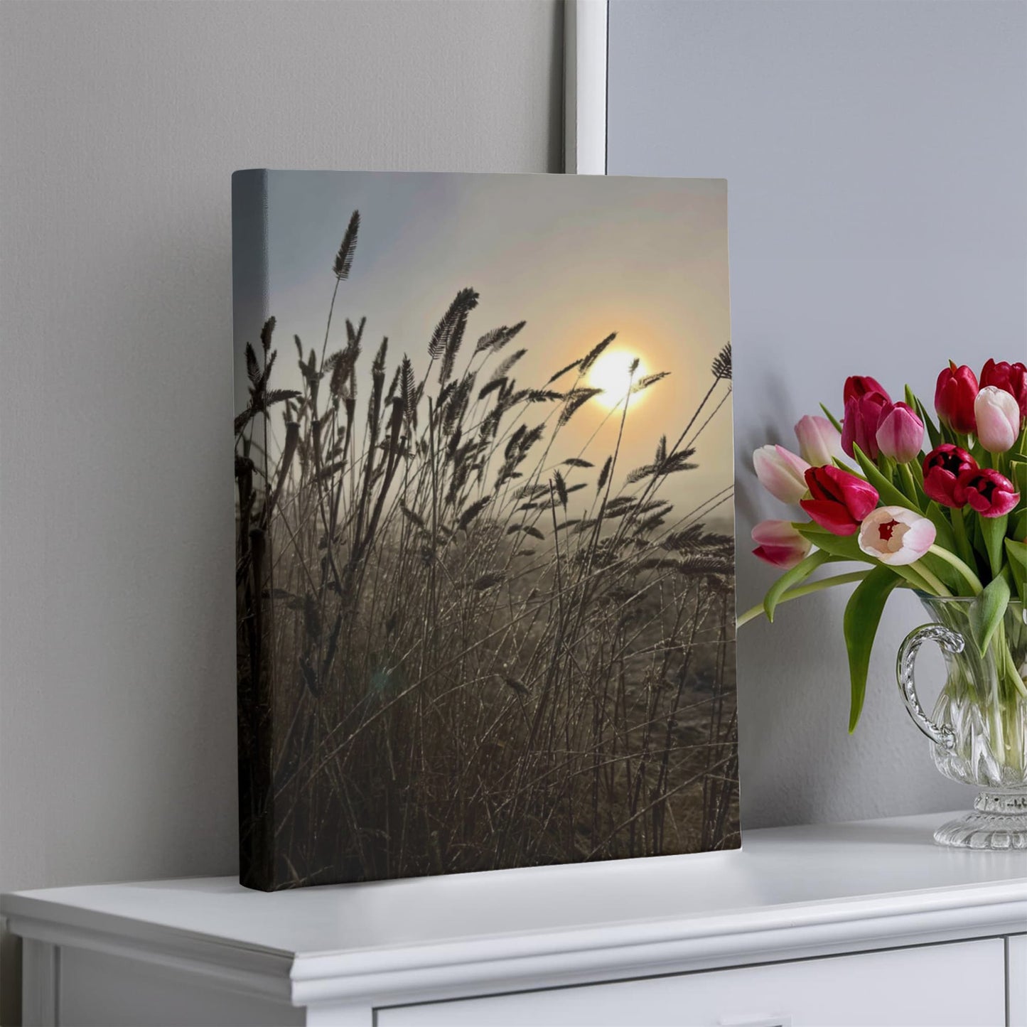 Breathe the Light, Touch the sky, grassing field Wrapped Canvas wall hanging, Poetic Boho style saying, Beautiful Sunrise, Country Outdoors