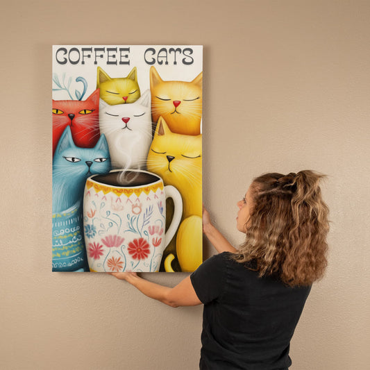 Coffee Lovers and Cat Whispers alike, a meow-ment of joy with every sip and stare. Fun Funky Felines, Whimsy, 24x36 Wall Art Wrapped Canvas home decor, thoughtful year-round gift