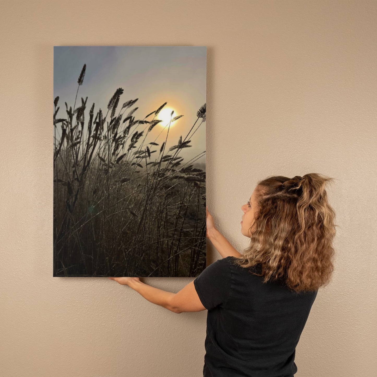 Breathe the Light, Touch the sky, grassing field Wrapped Canvas wall hanging, Poetic Boho style saying, Beautiful Sunrise, Country Outdoors