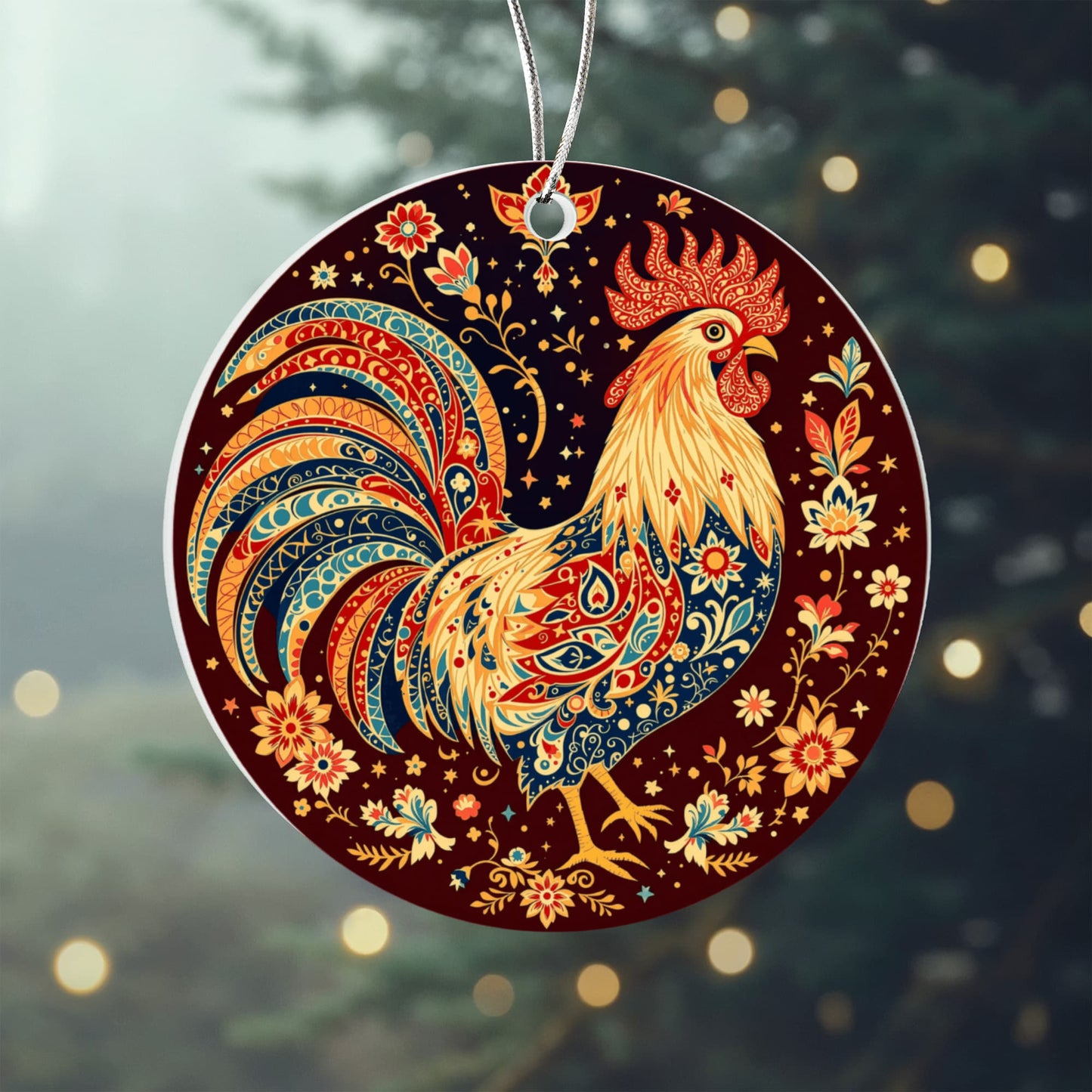 Christmas Chicken, Love of Roosters, Acrylic Circle Ornament,