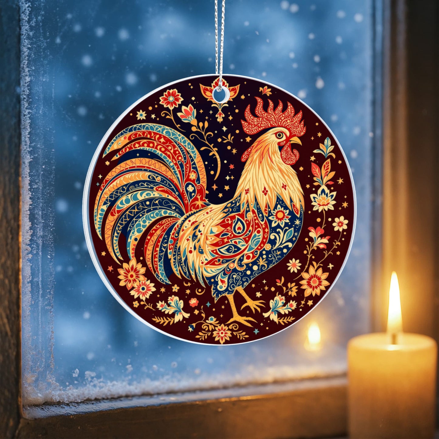 Christmas Chicken, Love of Roosters, Acrylic Circle Ornament,